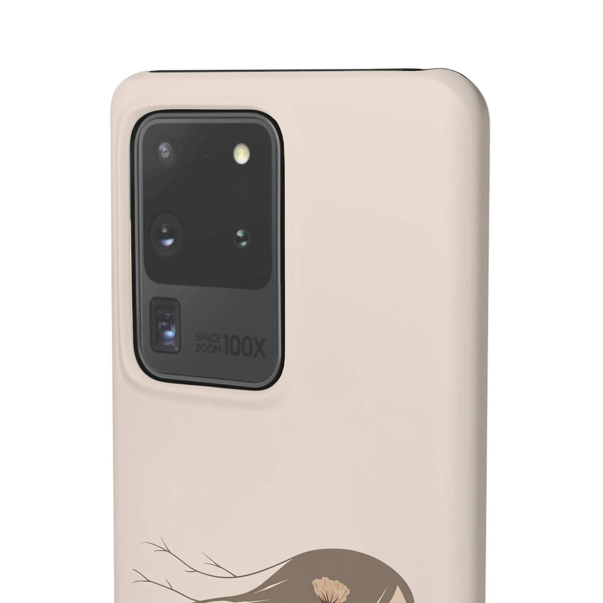 Light beige phone case with textured camera window and floral branch graphic