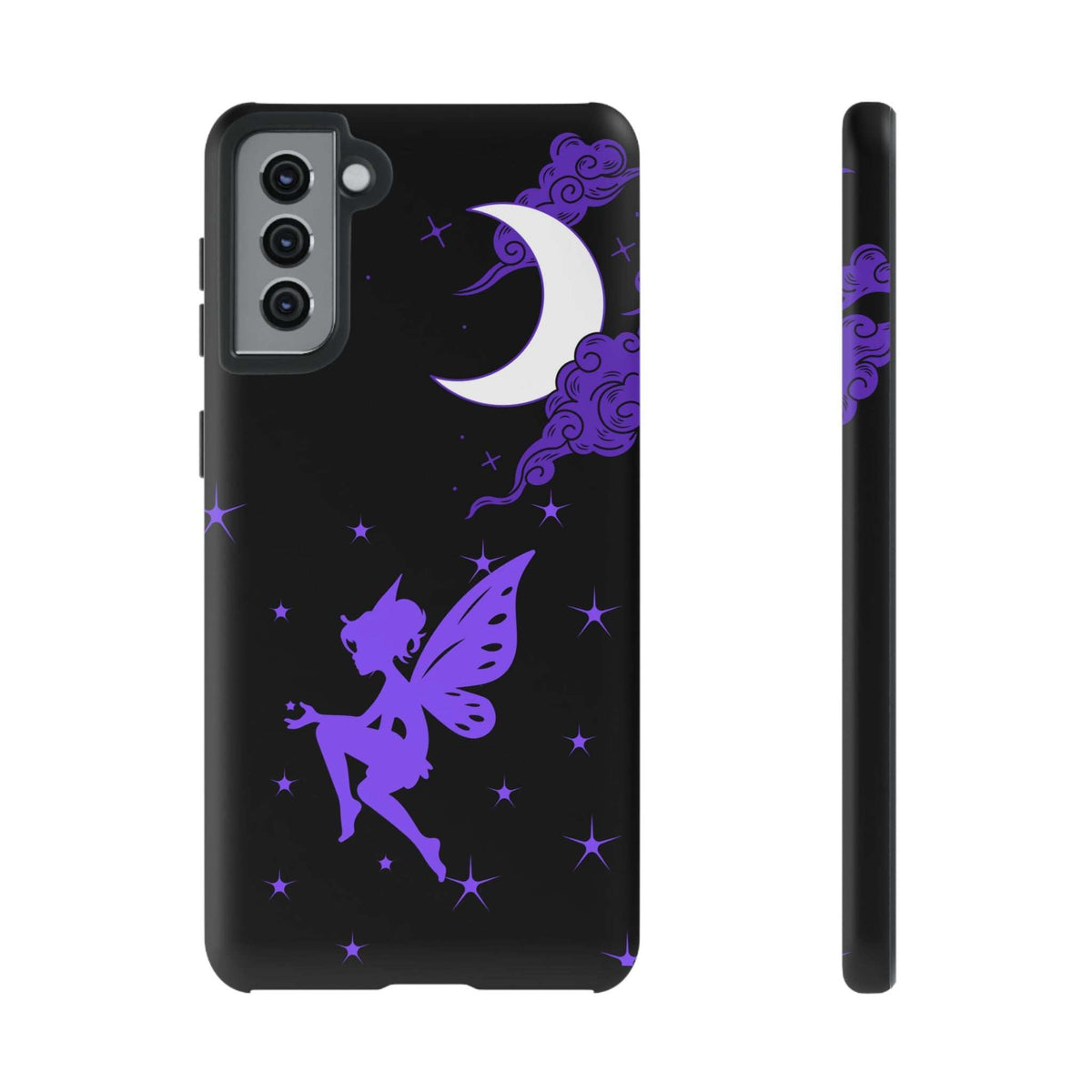 Black phone case with purple crescent moon and fairy silhouette; rear camera openings