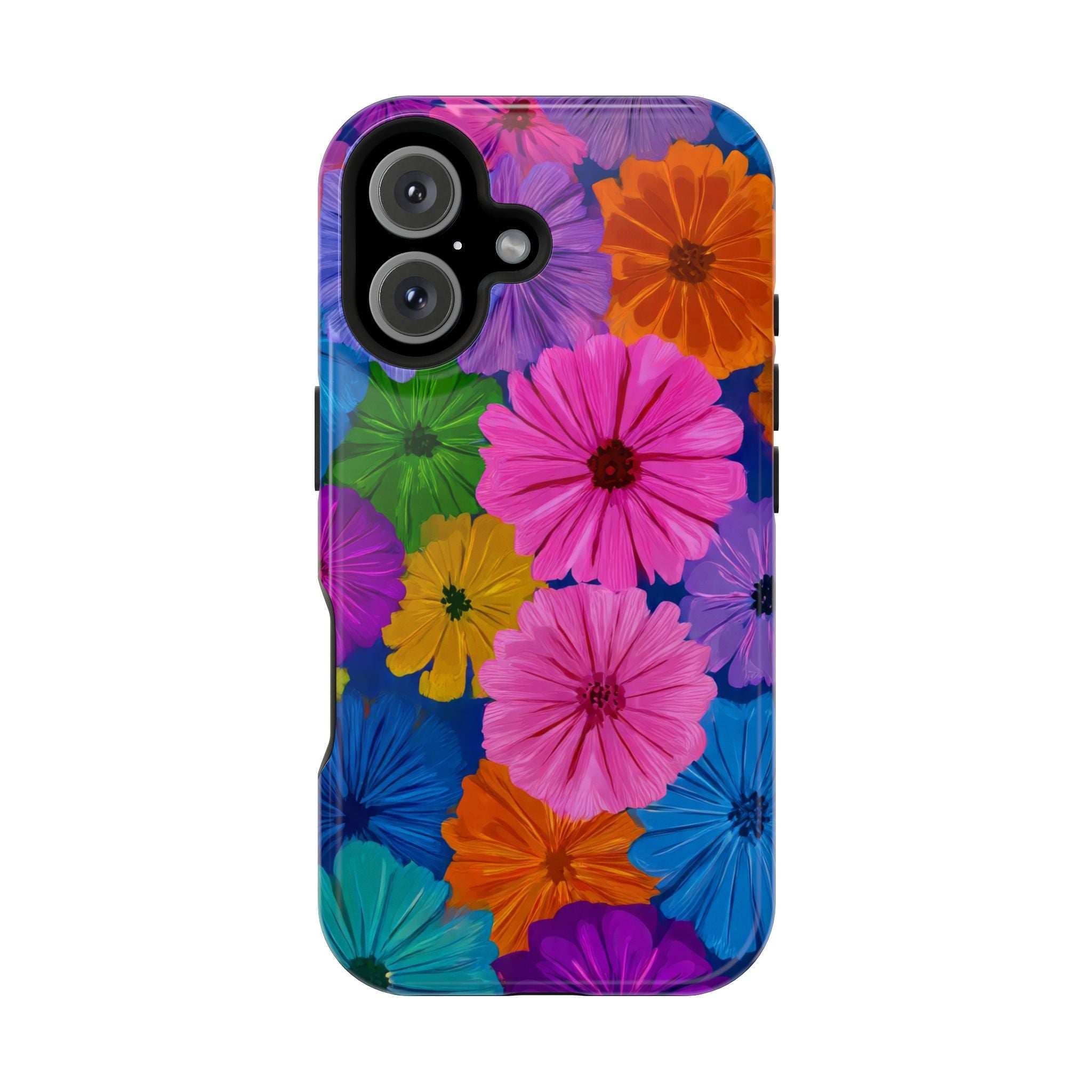 Multicolor floral phone case with purple, pink, orange, and blue flower pattern and camera cutouts