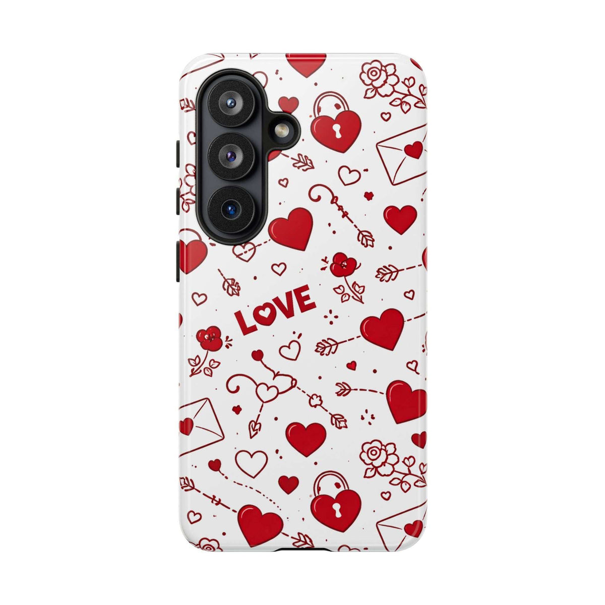 Glossy white phone case with red hearts and love doodles; front camera openings