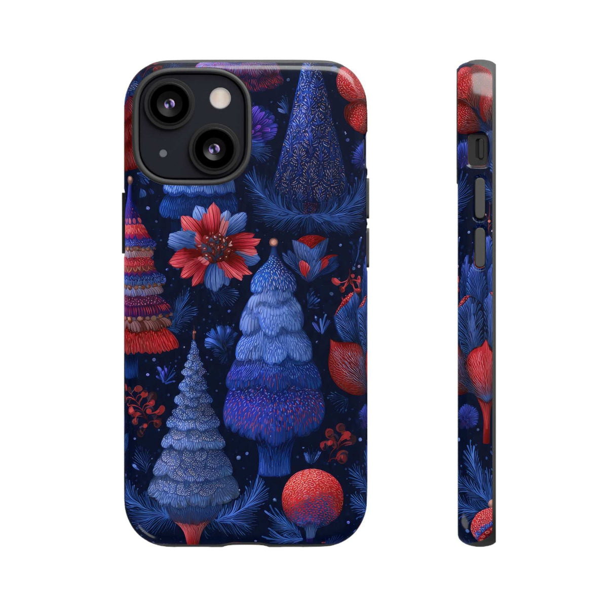 Glossy phone case back and edge view; deep blue pine forest with red berries and cutouts.
