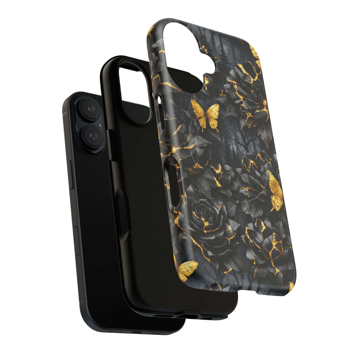 Black phone case with gold crackle floral artwork, roses and butterflies; camera cutout.