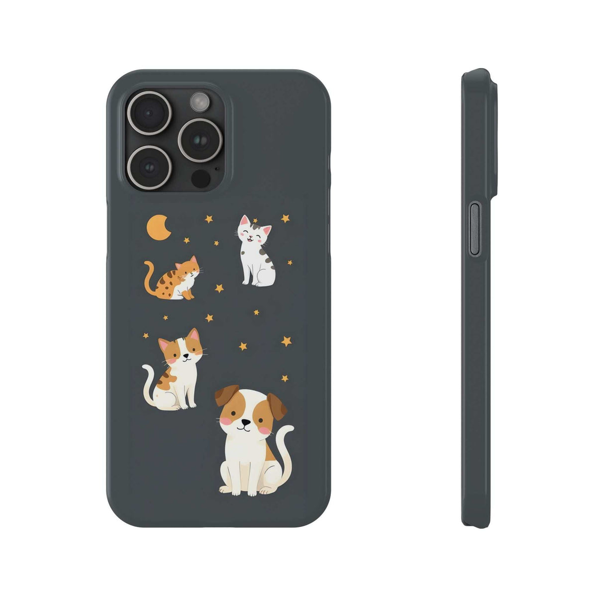 Dark gray iPhone case with cat and dog artwork, stars and moon, rear camera openings