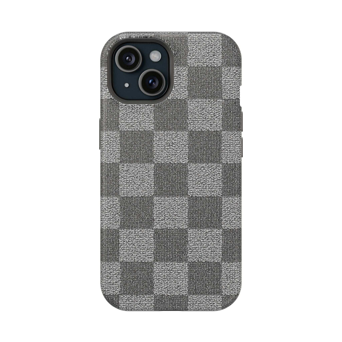 Gray checkered phone case front view with raised camera area and top cutouts