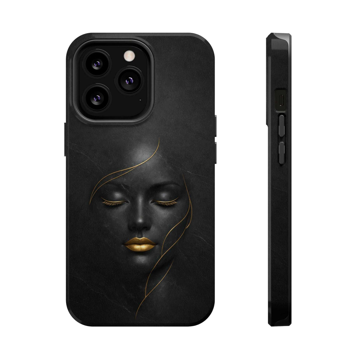 Black iPhone phone case with gold face artwork and side profile button openings