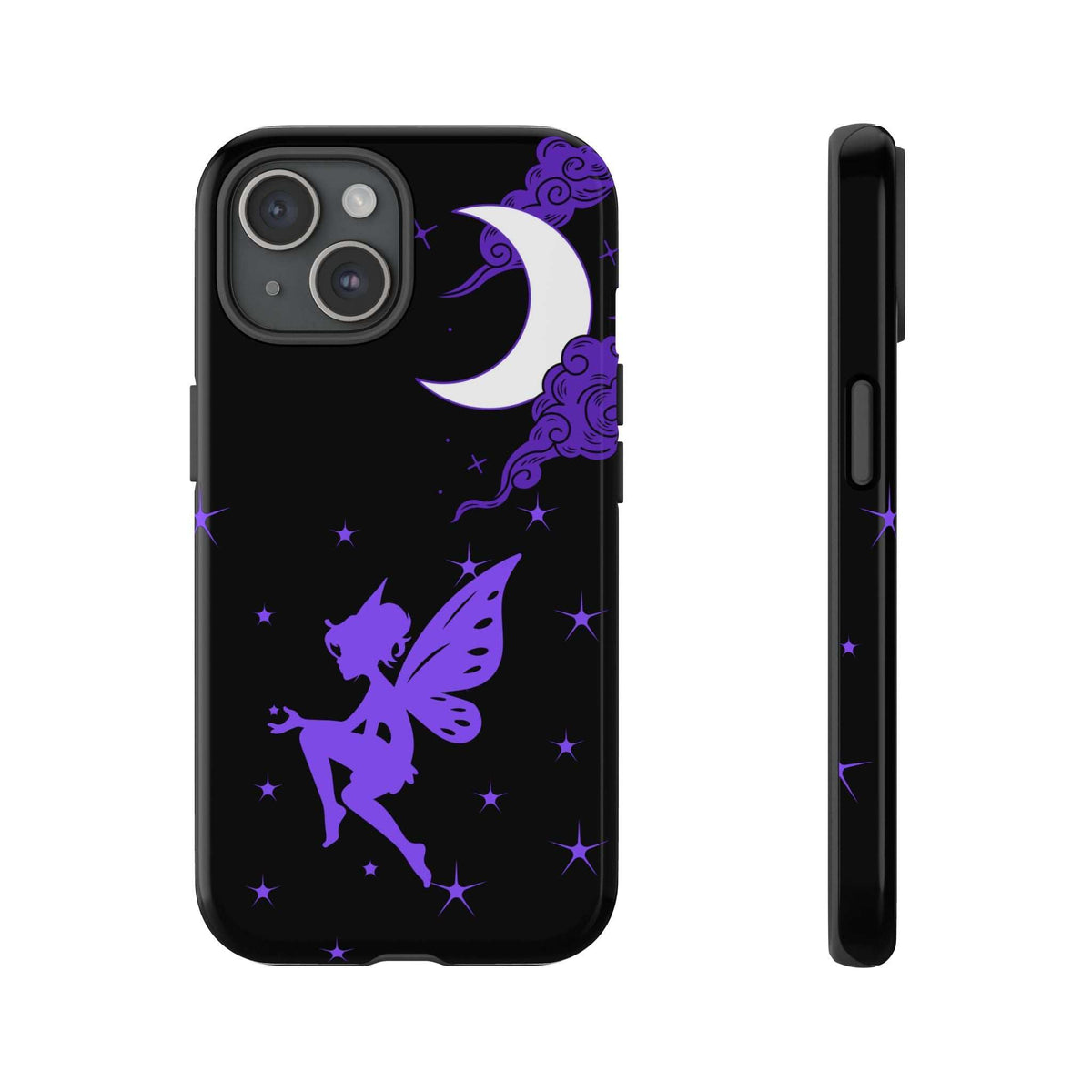 Black phone case with purple fairy, crescent moon, and star pattern; slim side profile