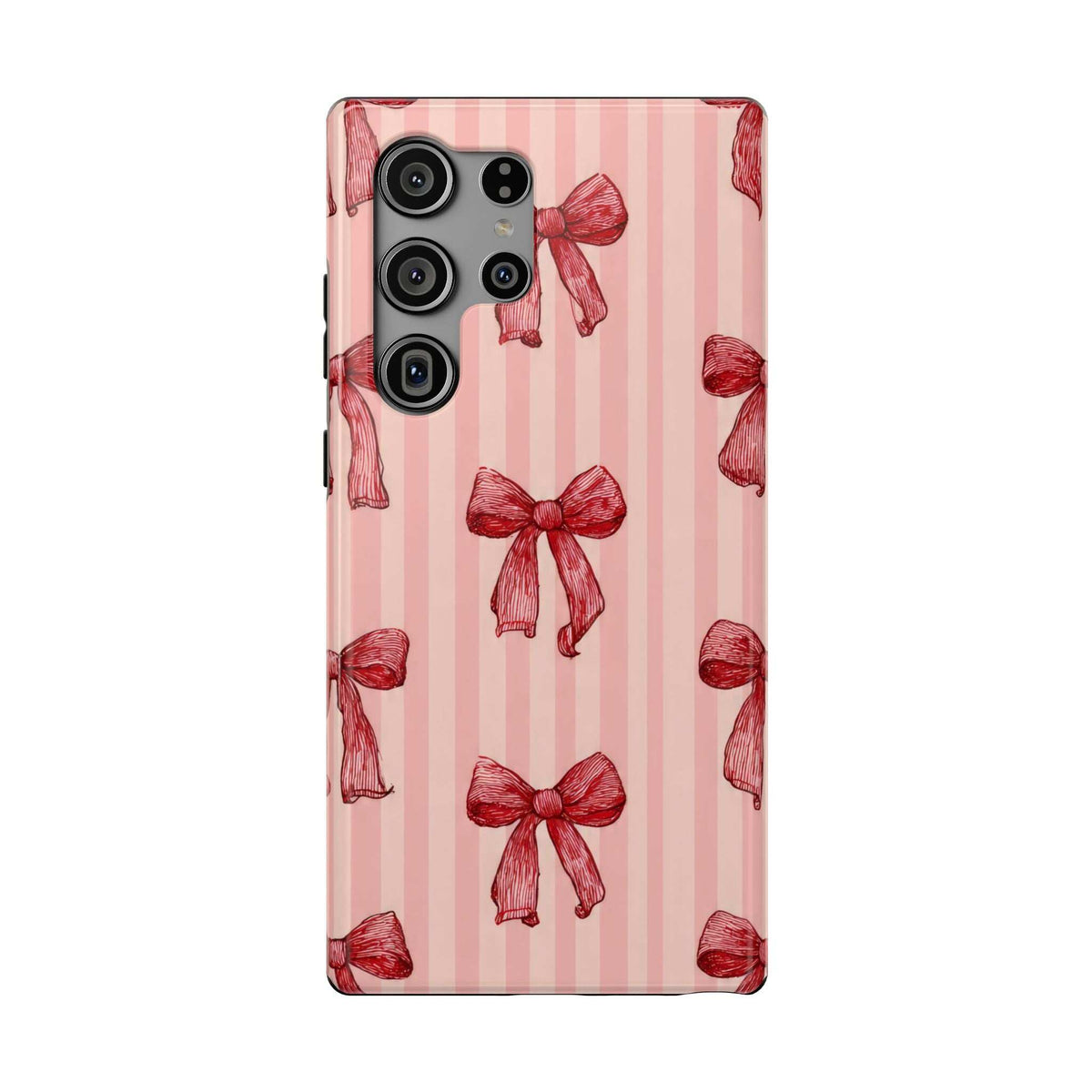 Pink phone case with red bow stripe design; four camera cutouts on back