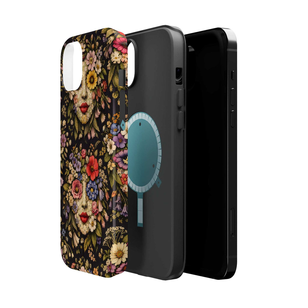 Floral vintage face phone case side view with dark backing and front camera opening.