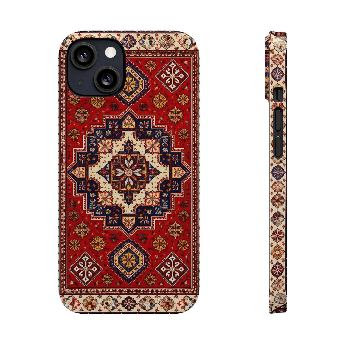 Armenian carpet patterned phone case front view with red and blue medallion; thin side shown.