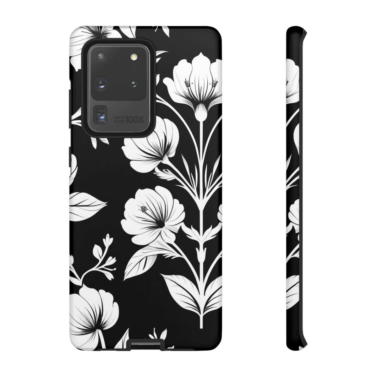 Floral phone case for Galaxy S20–S26, black floral print with white flowers, side shown