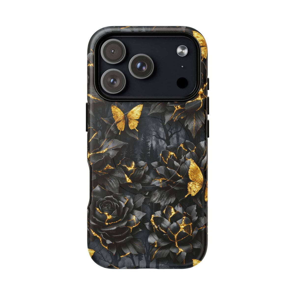 Black iPhone phone case with gold butterfly and rose kintsugi garden pattern