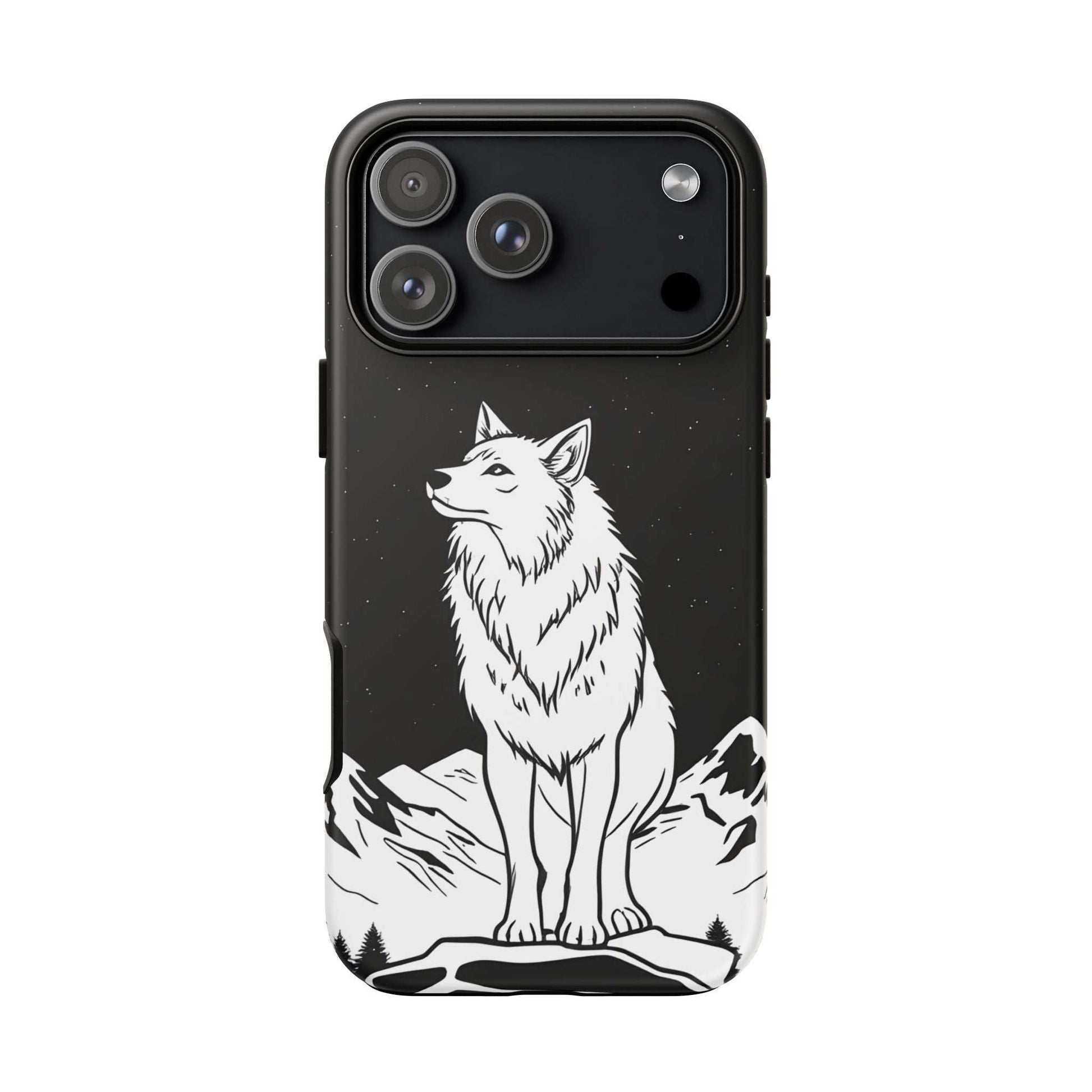 Black phone case with centered white wolf graphic and camera openings on the top left
