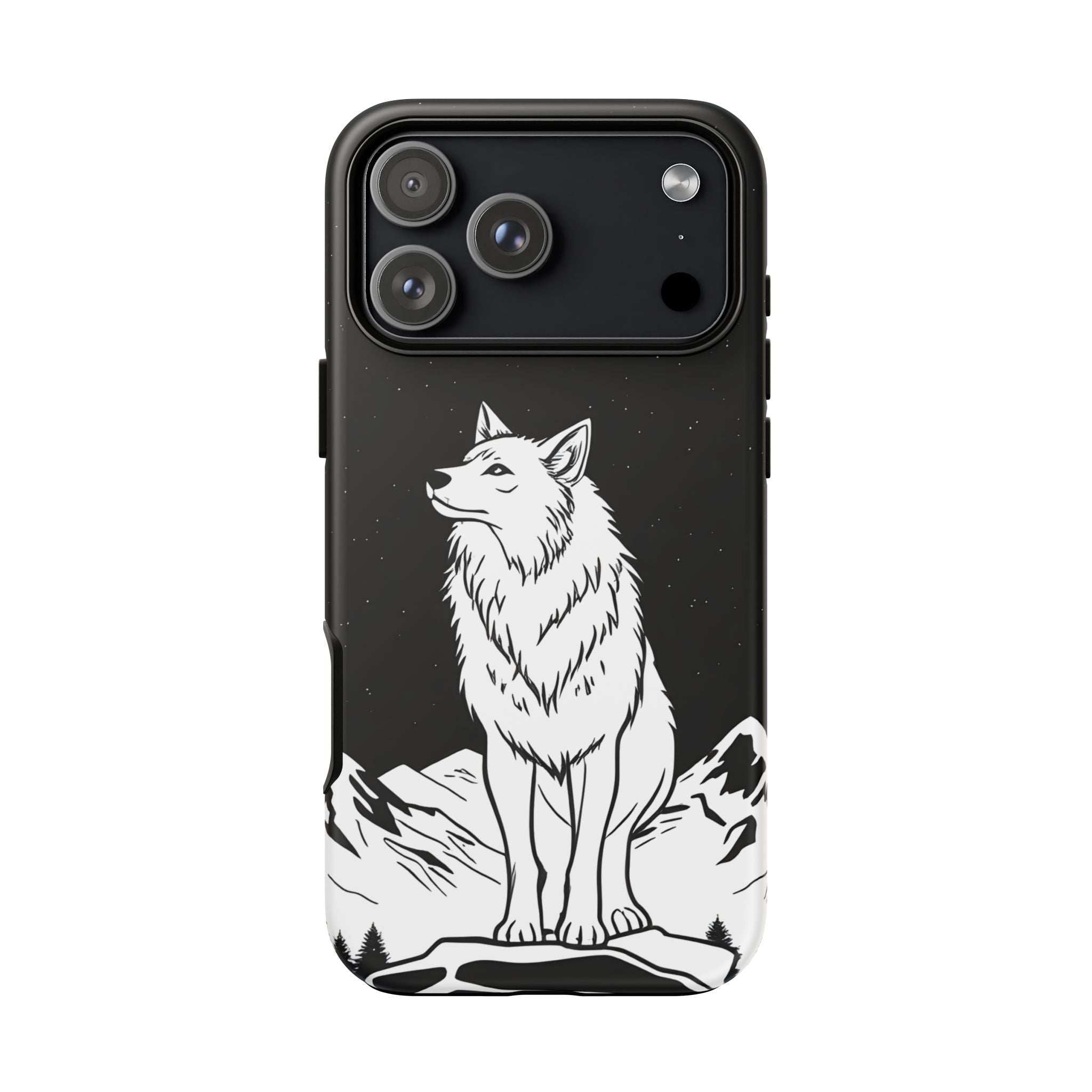 Black phone case with centered white wolf graphic and camera openings on the top left