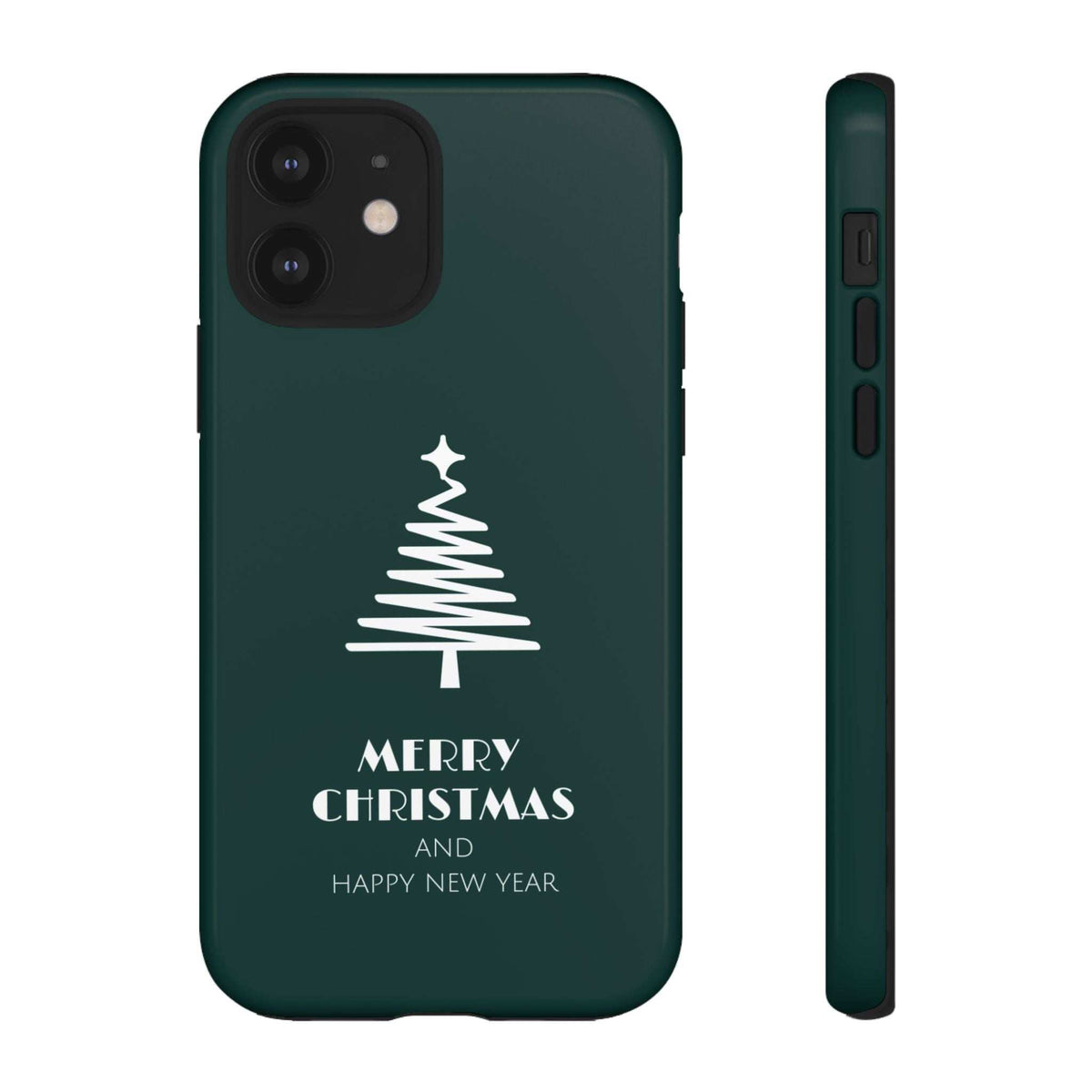 Glossy green Christmas phone case back view with white tree and 'Merry Christmas' text, side
