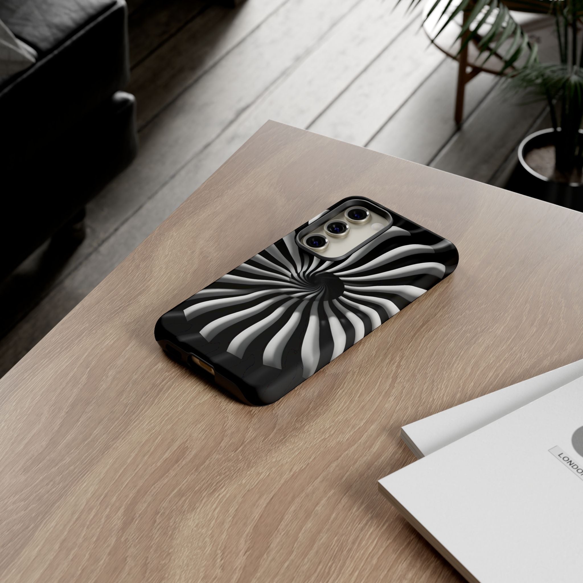 Hypnotic Black and White Spiral Phone Case – Optical Illusion Design for iPhone & Galaxy