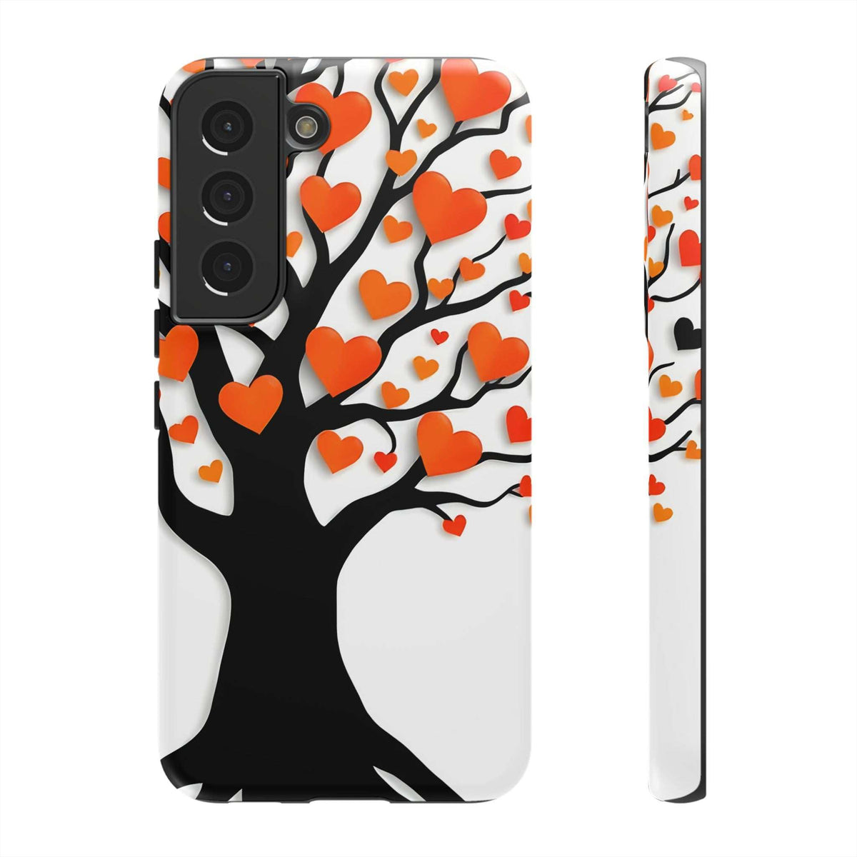 Phone case showing heart tree pattern with orange hearts on white background
