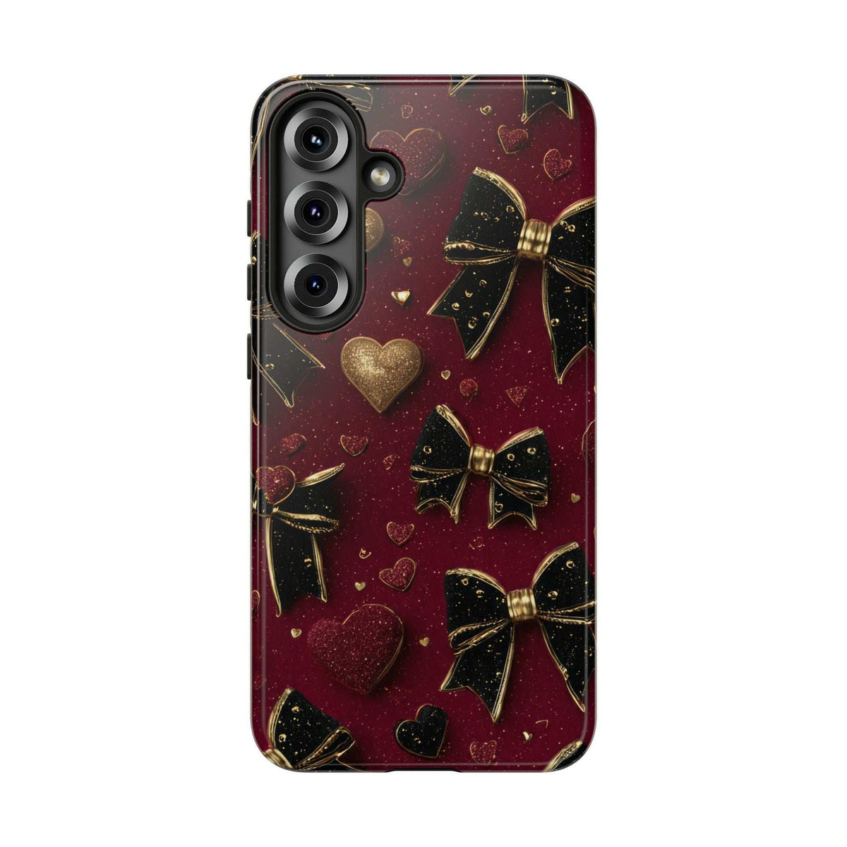 Velvet phone case in burgundy glitter with gold hearts and bows; rear camera cutouts.