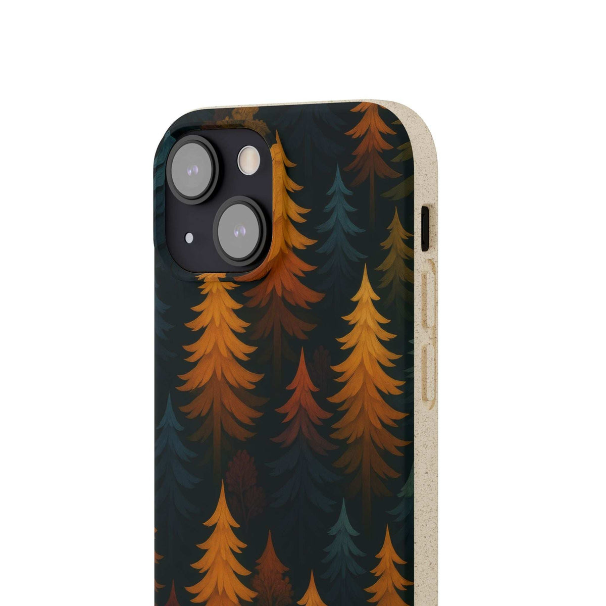 Biodegradable phone case with pine tree pattern; front camera cutouts and side button openings