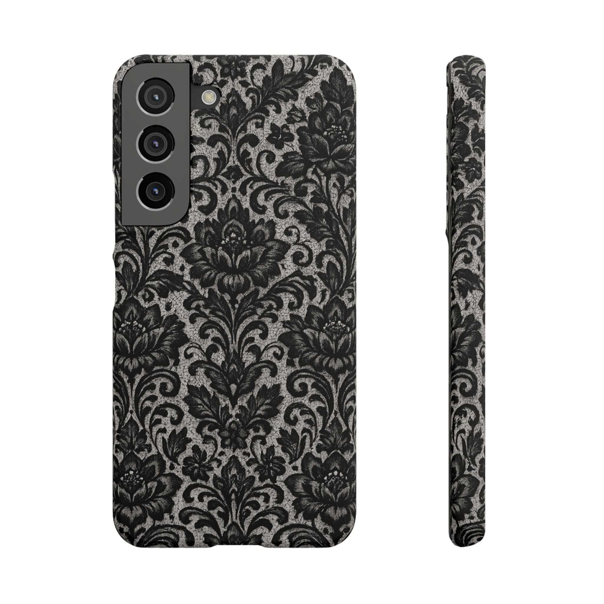 Black damask floral phone case shown front and side, with camera lens cutouts