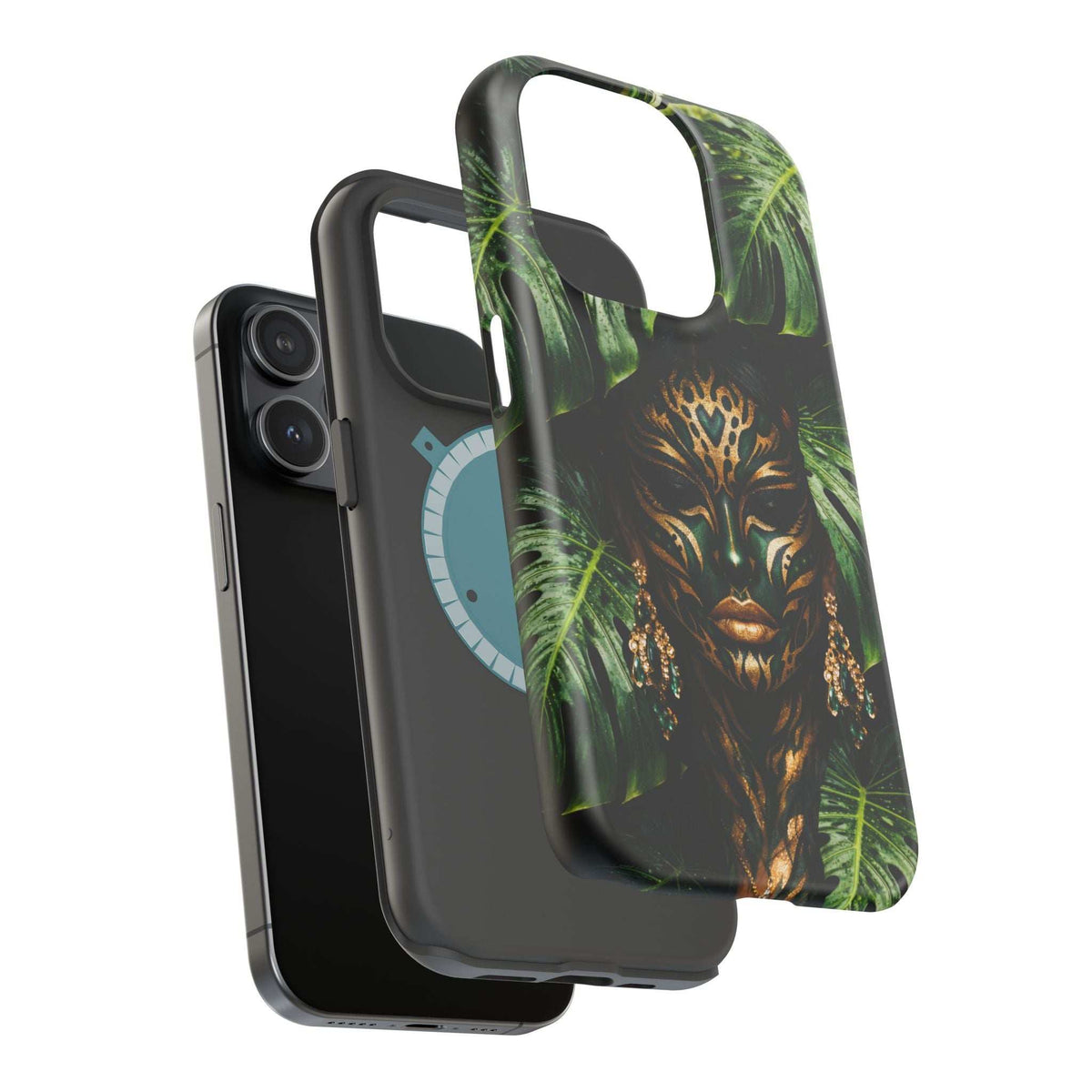 Jungle spirit phone case for iPhone 13-17 angled view with green leaves and gold animal face.