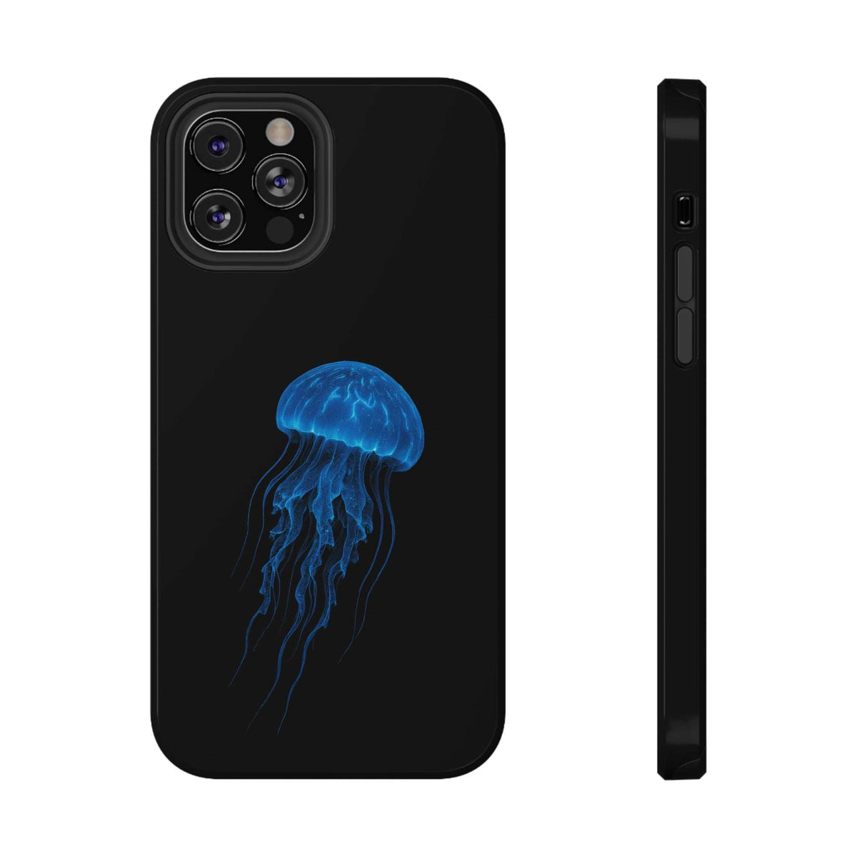 Black phone case with blue jellyfish graphic, front view and side profile shown