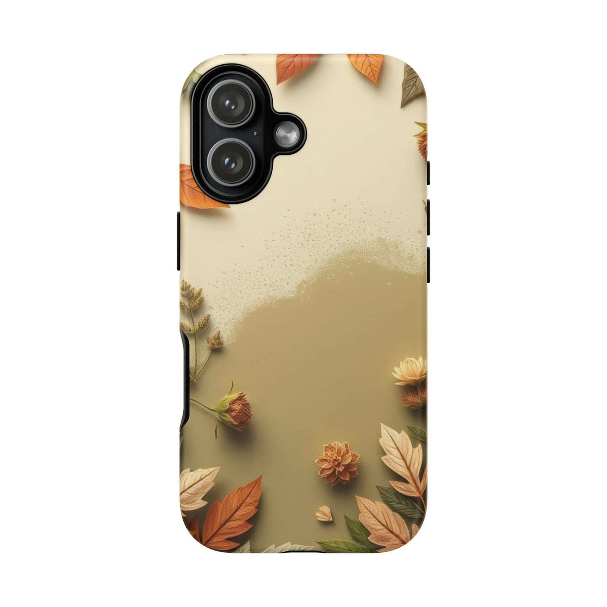 Beige autumn leaves phone case with top camera area and leaf-and-flower artwork.