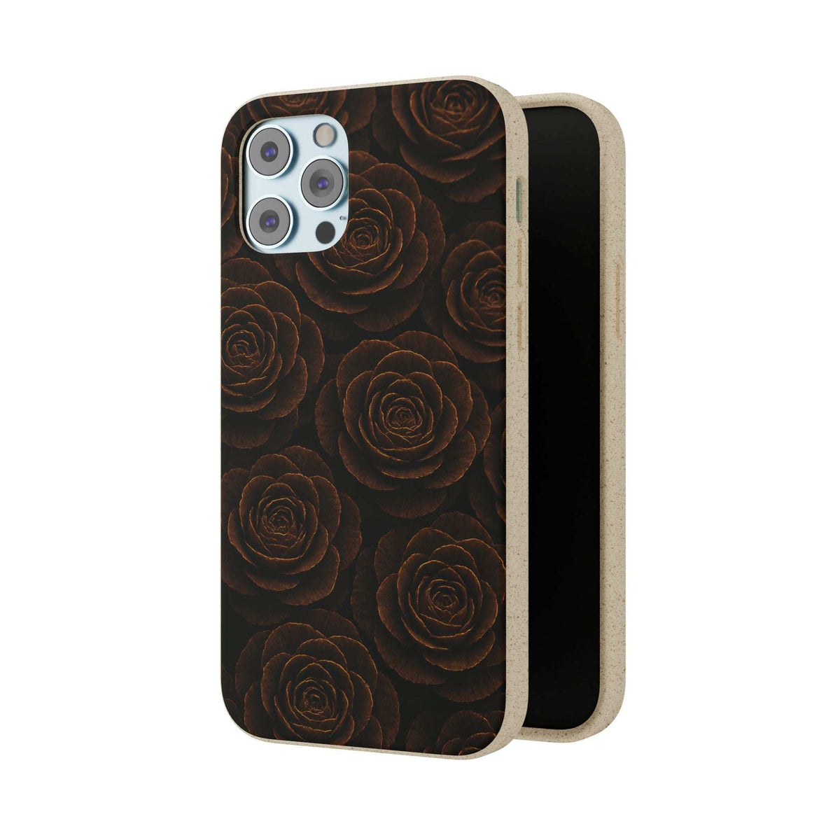 Wooden roses phone case front and back view with dark rose pattern and light frame