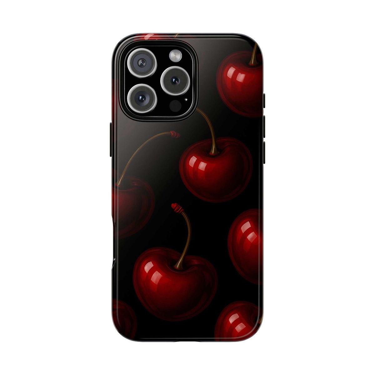 Cherry phone case with glossy black finish and red cherry pattern, cutouts for cameras