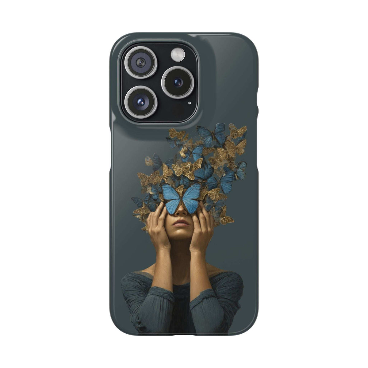 Dark blue phone case with gold butterfly crown and blue face artwork, front view.
