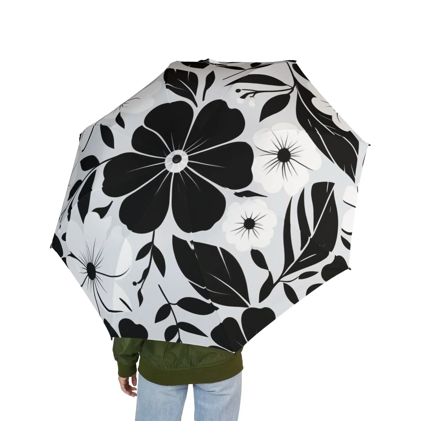 Stylish Semi-Automatic Foldable Umbrella with Floral Monochrome Pattern - KarArmDesign