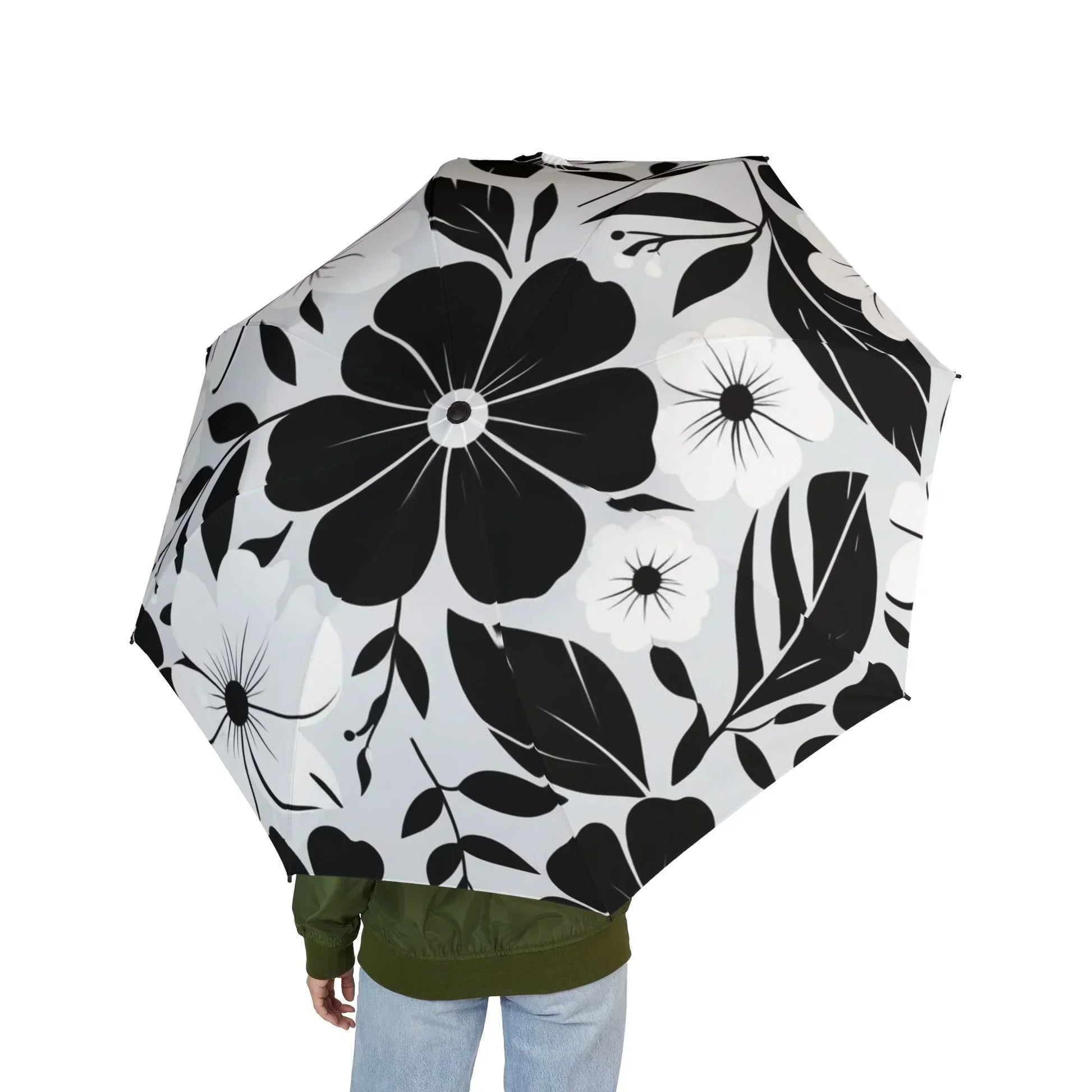 Stylish Semi-Automatic Foldable Umbrella with Floral Monochrome Pattern - KarArmDesign
