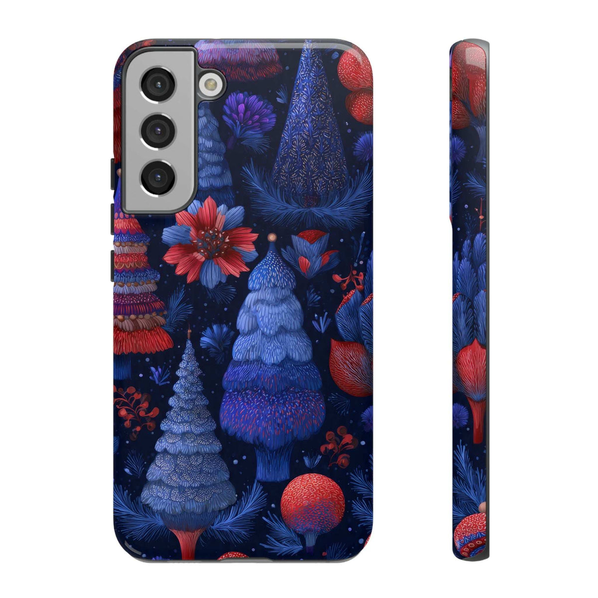 Phone case back with midnight blue trees, red flowers, and winter ornament details