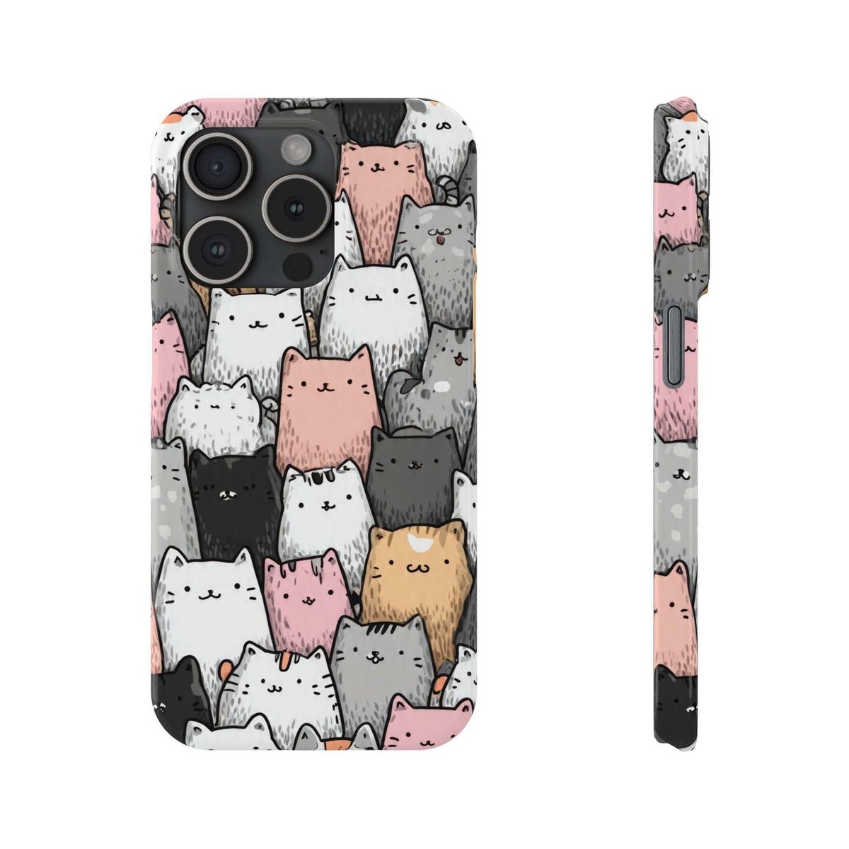 Cat-themed iPhone case with front and side views; smiling cats in white, gray, pink, orange.