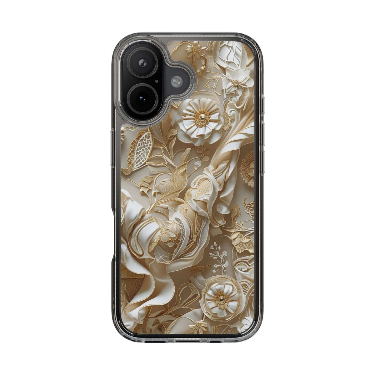 Clear phone case with gold floral pattern, slim back view with camera cutout