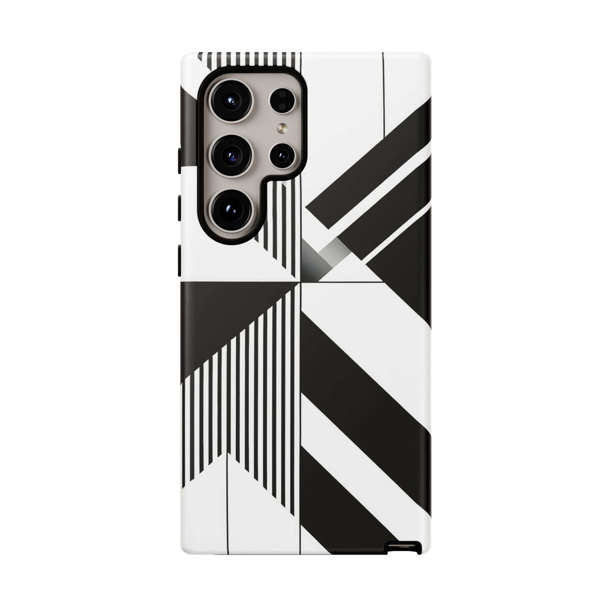 Tough phone case with black-and-white geometric pattern and camera lens openings