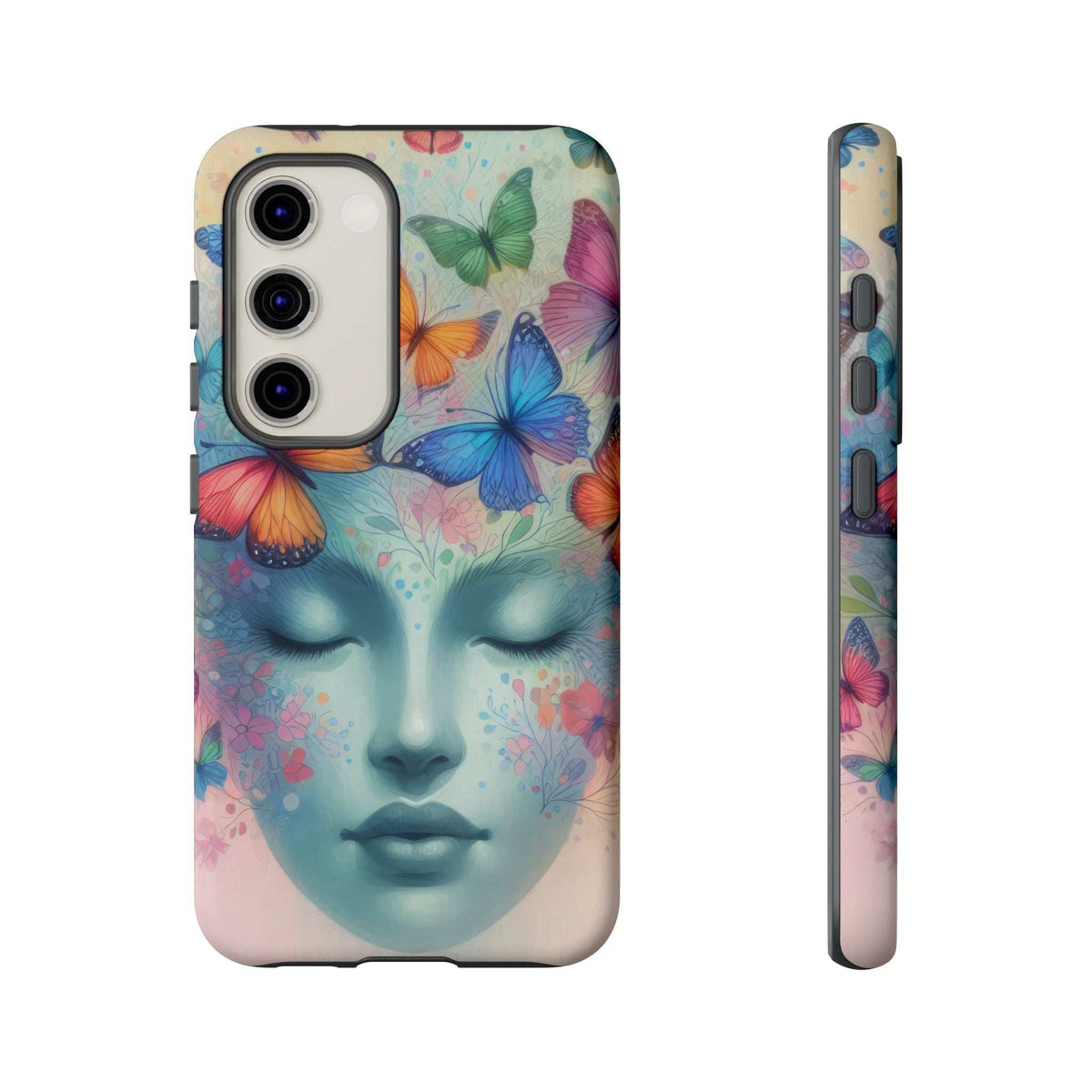 Phone case showing butterflies over a blue face portrait, with camera cutout and side view