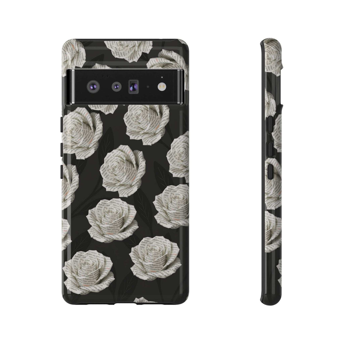 Phone case, black with white rose pattern, triple camera cutout and side buttons