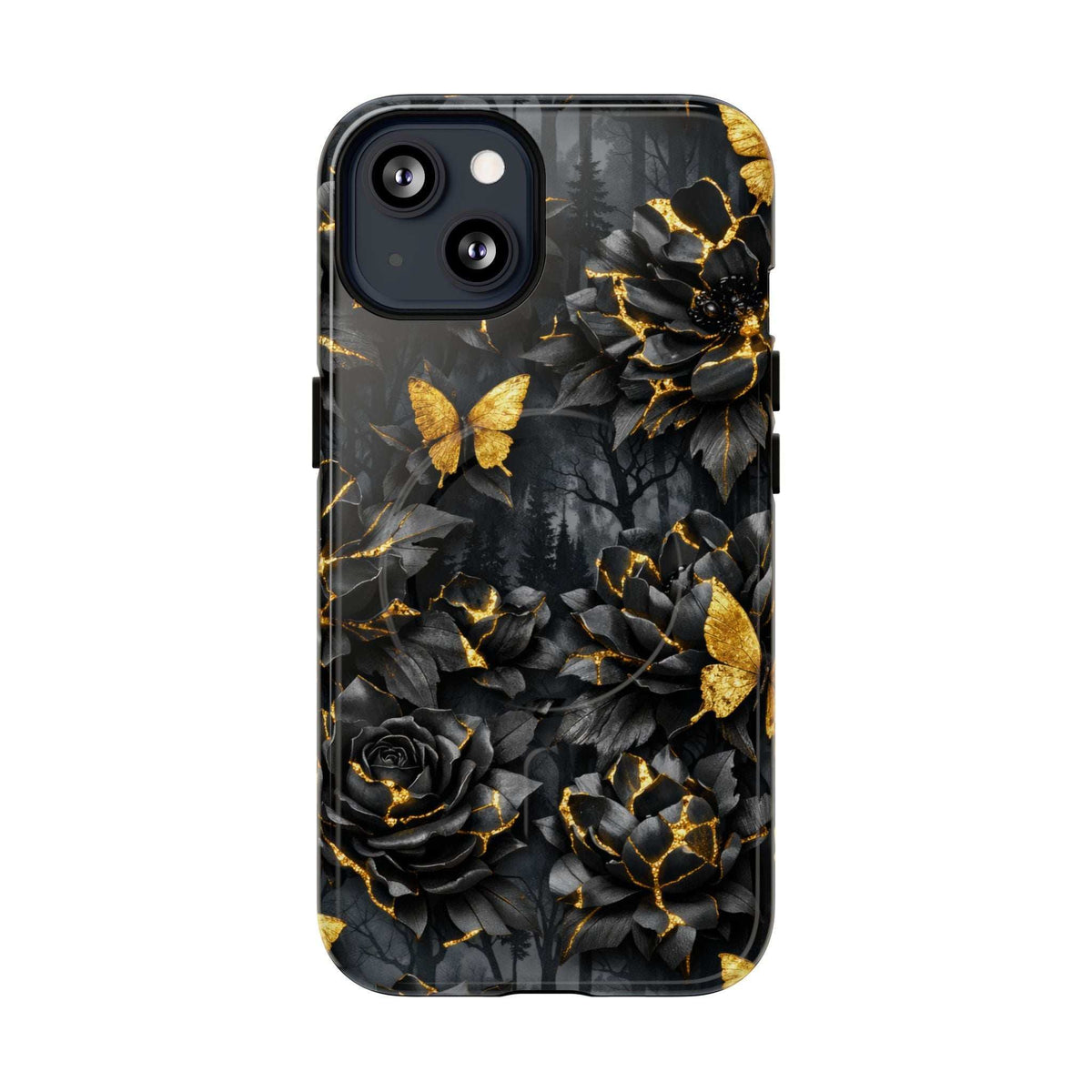 Black iPhone case with gold butterfly, roses, and kintsugi garden artwork
