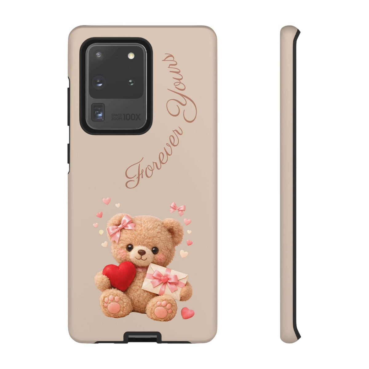 Beige phone case with teddy bear, red heart, and pink gift; side profile shown