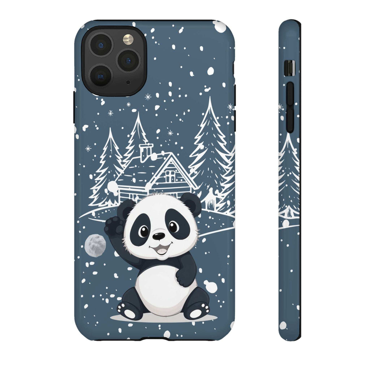 Dark blue iPhone phone case with panda face and snowy trees; back camera lenses shown.