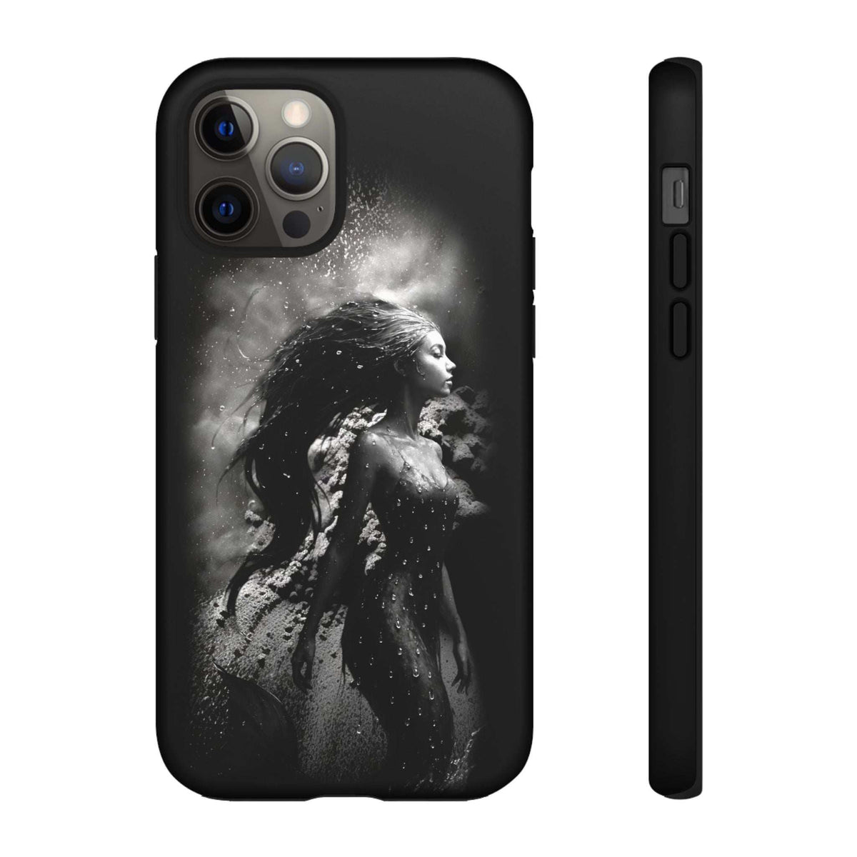 Black phone case with grayscale mermaid portrait, camera cutouts, and side buttons visible.