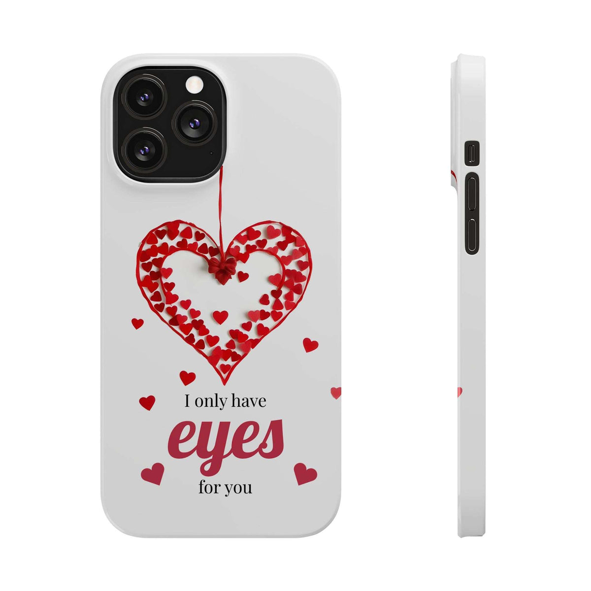 White phone case front and side view with red heart graphic and hearts text