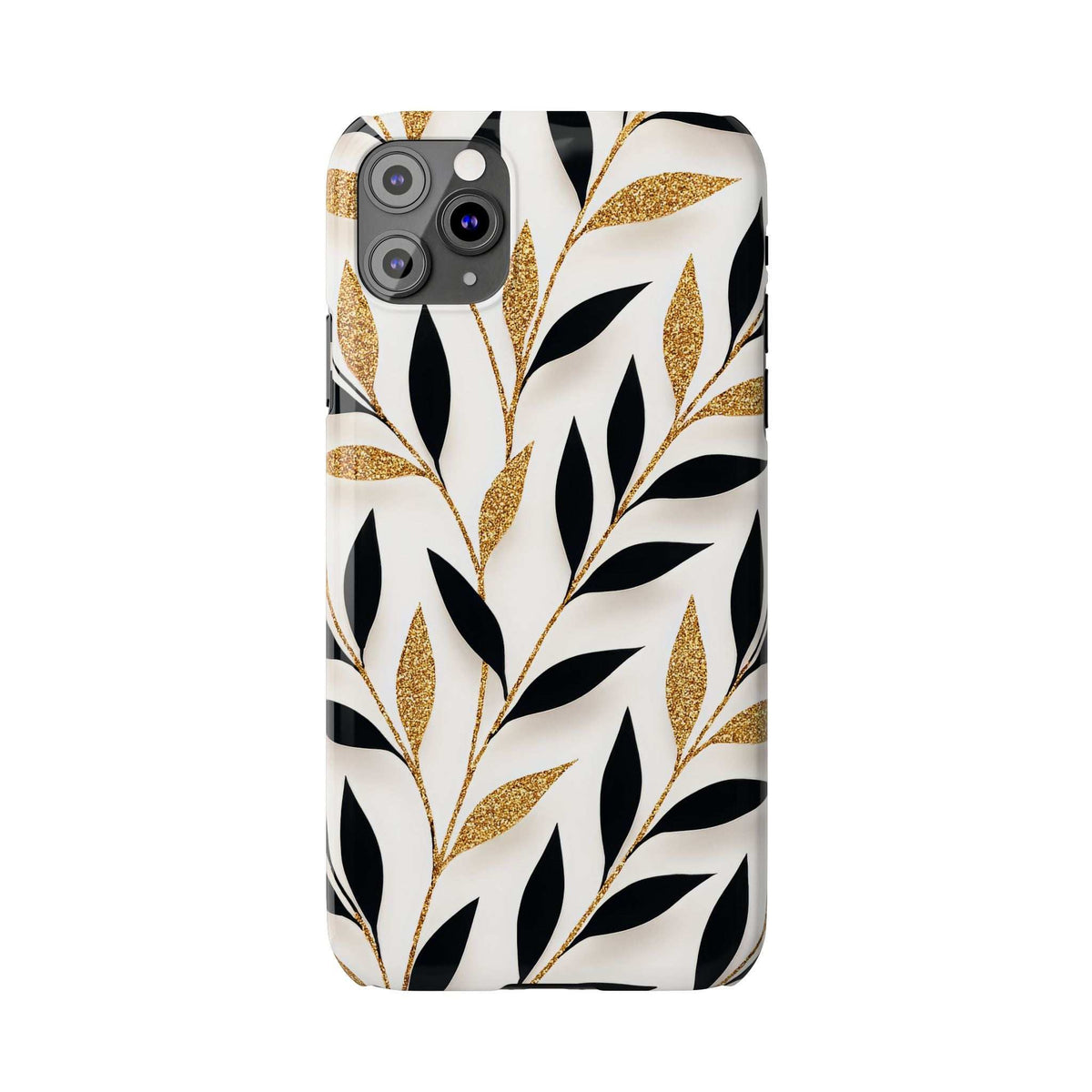 White botanical phone case with black leaves and gold speckled accents, camera openings