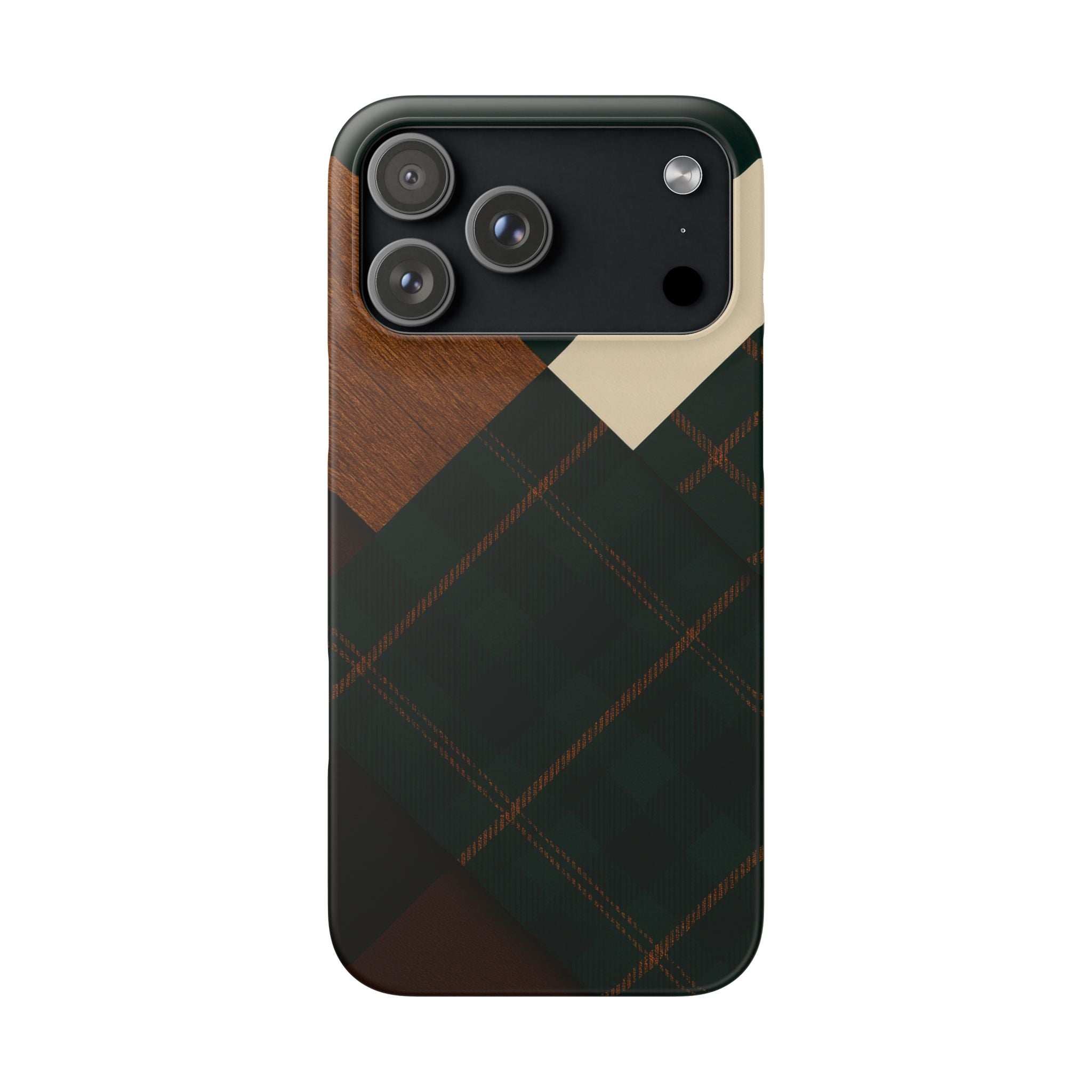 Green tartan phone case with tan chevron and triple camera cutouts