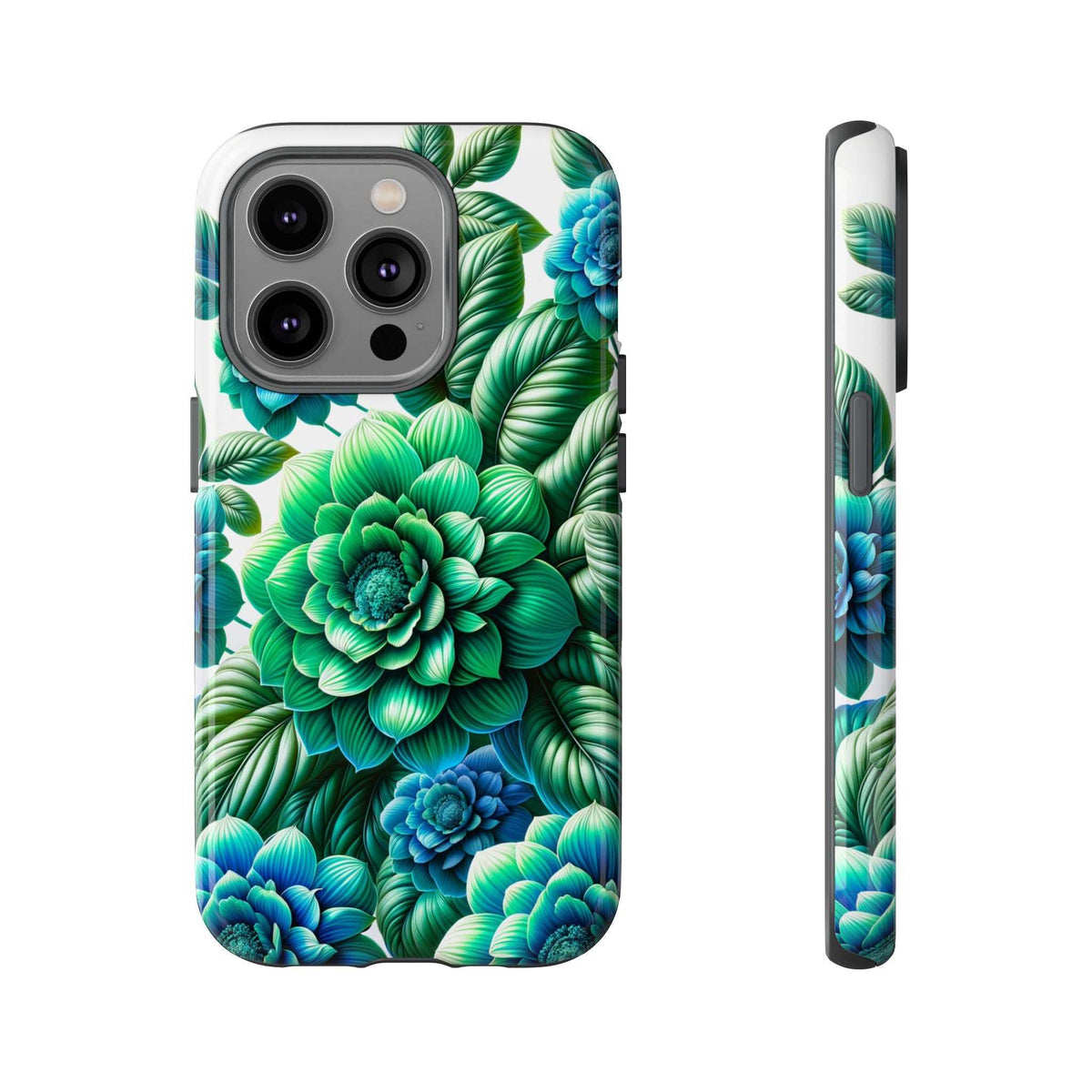 Phone case with green and blue tropical floral pattern; back camera cutouts with black frame.