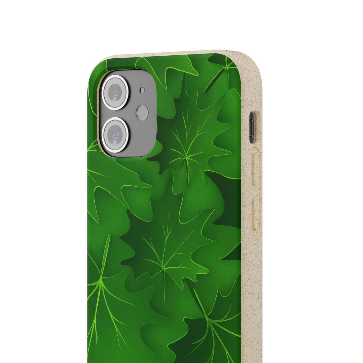 Green botanical leaf phone case with camera cutouts and speckled beige back