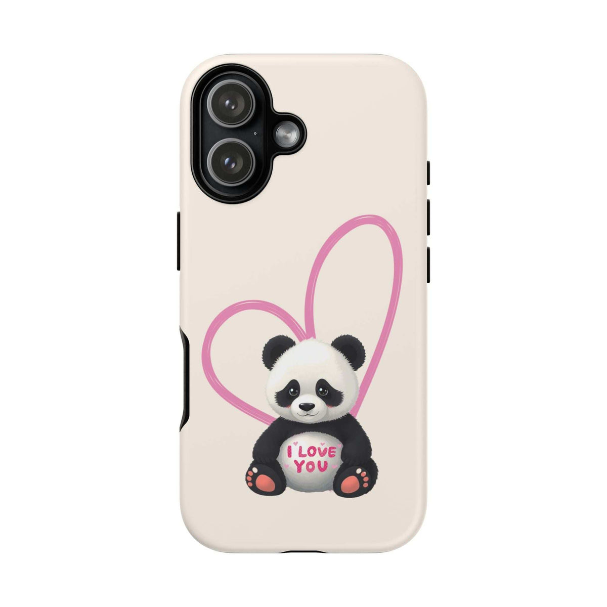 Cream iPhone phone case with cute panda inside a pink heart and “I love you” text