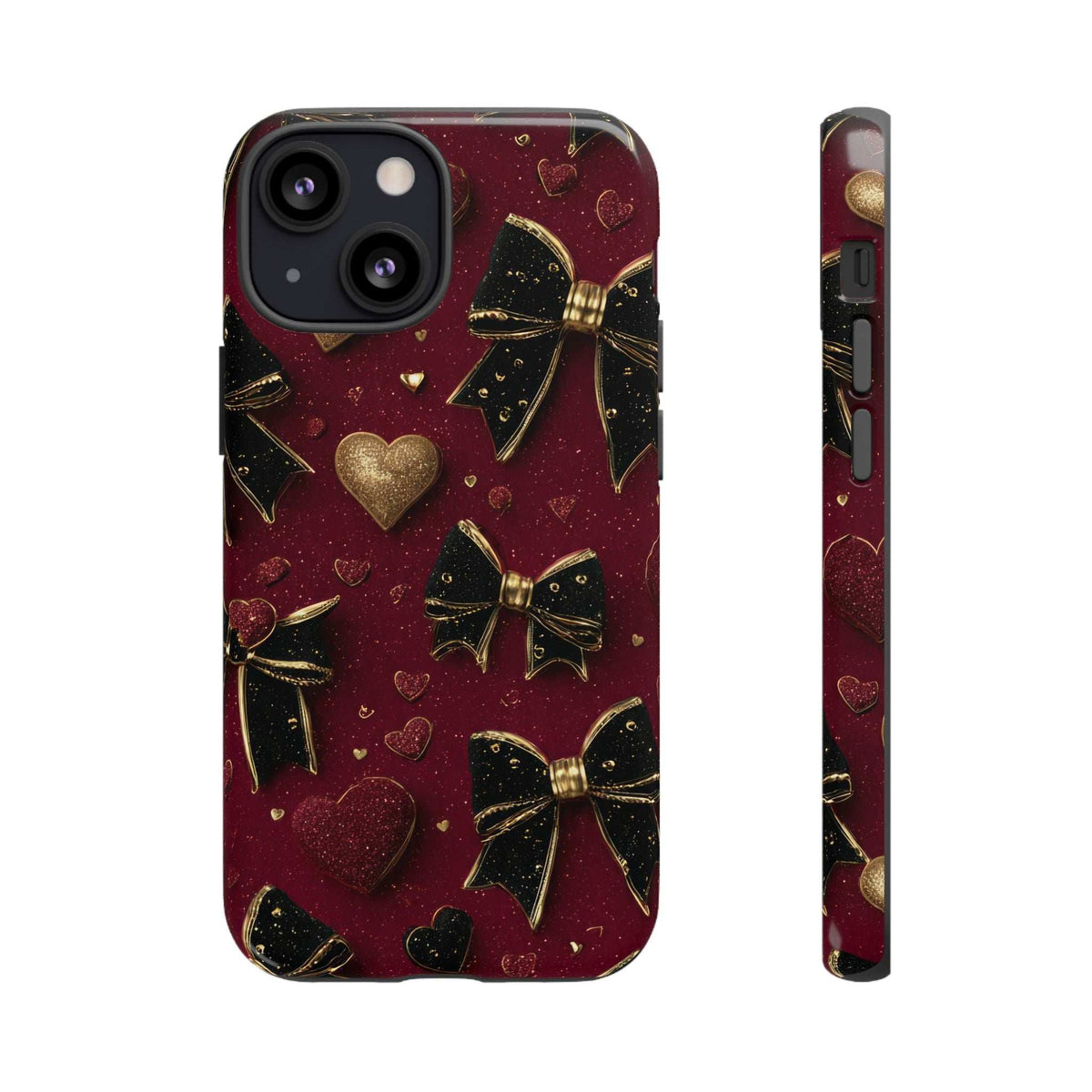 Maroon glossy Valentine charm phone case with gold bow and heart pattern, front and side views.
