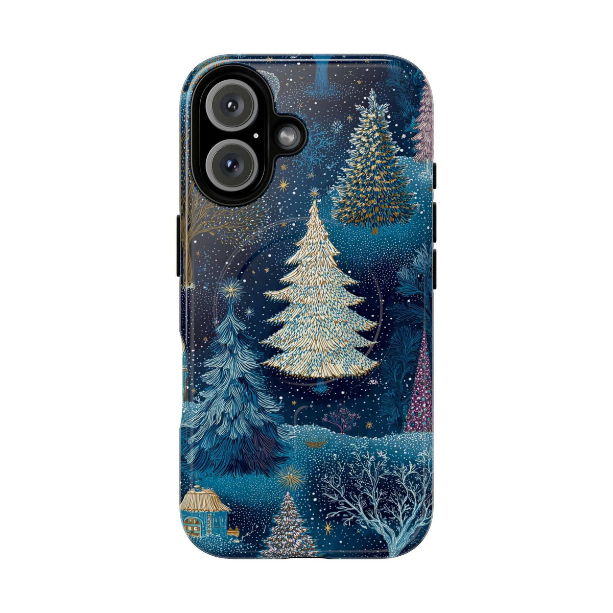 Glossy blue winter forest phone case with glitter stars, gold tree silhouettes, camera cutouts.