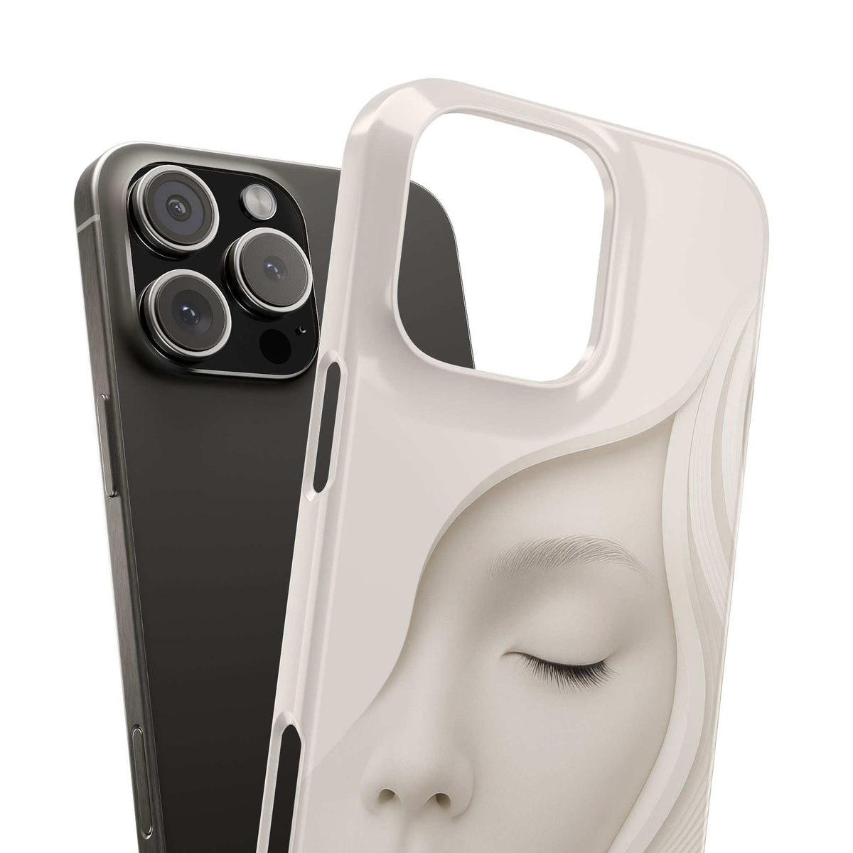Off-white minimalist face phone case with black lips; raised camera lenses and side openings